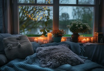A cozy living room with soft cushions, fluffy blankets, and a warm glow from candles on the windowsill