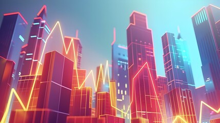 Vibrant Animated Graph Depicting Rising Trend Against Backdrop of Futuristic Skyscrapers,Symbolizing Growth and Success in Urban Investment Landscapes