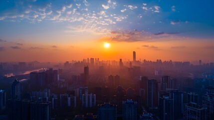 Fototapeta premium Serene Sunrise Over Bustling City Skyline Reflects Early Investor Opportunities Before the World Awakens