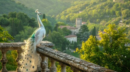 a white peacock perched gracefully on a stone fence, with a picturesque backdrop of lush forests...