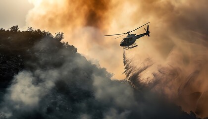 Firefighter helicopter extinguishes fire on hill