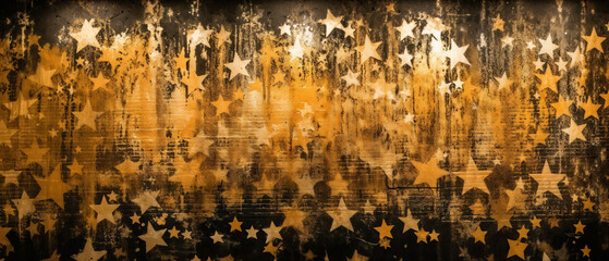 Urban grunge wall painted and embellished with golden yellow stars, cold hard city emptiness made aesthetically pleasing. - obrazy, fototapety, plakaty