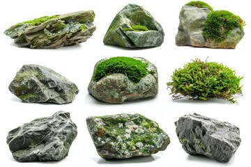 Set of natural moss-covered rocks and boulders isolated on white, nature and ecology concept - obrazy, fototapety, plakaty