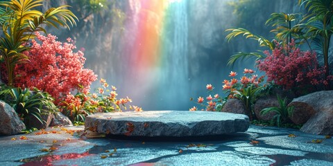 Wooden platform in the midst of waterfall with rainbow - obrazy, fototapety, plakaty