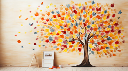 How to make together with child autumn tree from craft package Original children s art project DIY concept Step by step photo instructions Step 2 Draw lines. Copy space image - obrazy, fototapety, plakaty