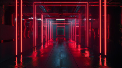  Neon Laser Fluorescent Red Blue Glowing Sci Fi Futuristic Warehouse Hangar Spaceship Realistic Showroom Steel Metal Frame Corridor Tunnel Dark Underground