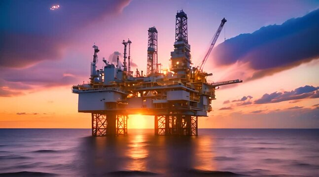 Large Offshore oil rig drilling platform at sunset and beautiful sky