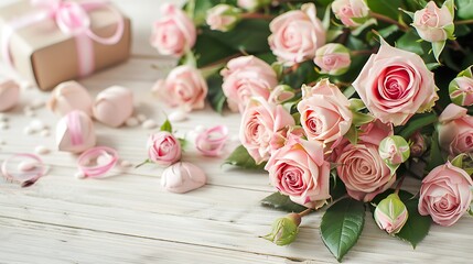 Bouquet of pink roses and boxes with gifts on a light wooden background