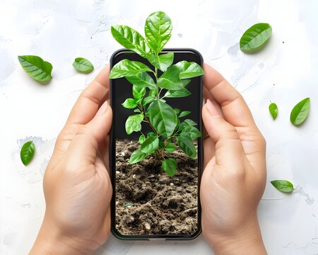 The image depicts hands carefully holding a mobile device that displays a small seedling sprouting from the soil