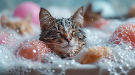 Tranquil tabby cat relaxes, surrounded by glistening pink bubbles, conveying a sense of peace - obrazy, fototapety, plakaty