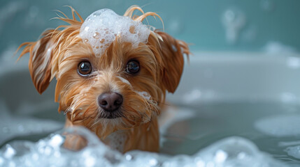 Close-up image of a small brown puppy bathing in sudsy water, surrounded by soap bubbles, conveying purity and cleanliness