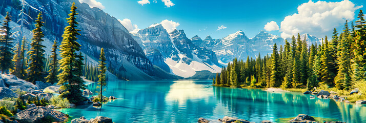 Canadian Wilderness: Pristine Lake Views Set Against Rugged Mountains, A Celebration of Natural Beauty and Tranquility - obrazy, fototapety, plakaty