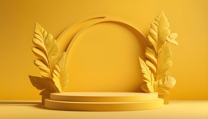 3d yellow background products display podium scene with yellow leaf platform. background vector 3d...