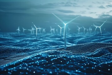 Innovative AI tools used for predicting renewable energy outputs, showcased in a sleek, Silhouettes of wind turbines stand tall among waves of blue data points, against backdrop of impending twilight