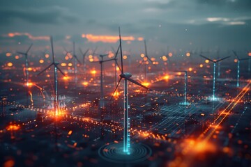 Visualization of AI algorithms predicting energy production from renewable sources, Evening blankets wind generators amidst a digital storm, where each light signifies node in the smart grid's expanse - obrazy, fototapety, plakaty