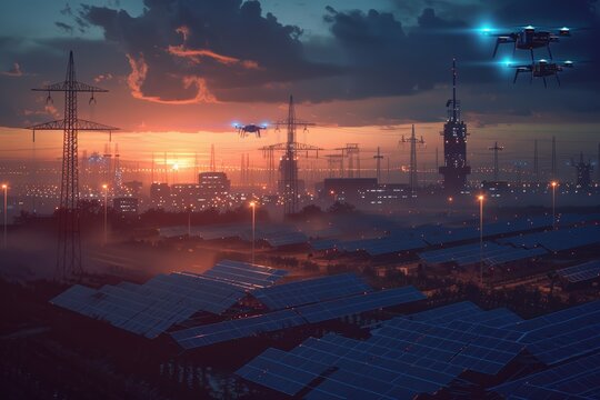 Solar farm at dawn, with AI-powered drones flying overhead, Industrial drones hover above a solar field, transmitting data as sun sets behind the power grid, merging nature and tech.
