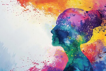 Mental health and mindfulness concept, colorful illustration of happy woman's head with paint splatter effect - obrazy, fototapety, plakaty