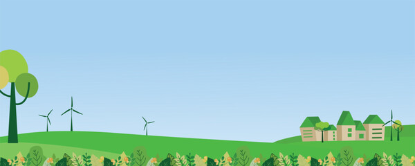 Environmental vector poster for projects on a summer background. You can place your own logo. Horizontal eco-poster with a green village. Green eco-vector with windmills in vector graphics.