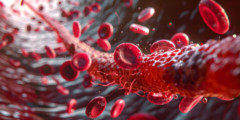 Red Blood Cells Suspended in Water,Navigating labyrinth of veins and arteries erythrocytes and cholesterol cells fulfill roles,3D Rendering of Thickened Arteries and Coronary Heart Disease.


 - obrazy, fototapety, plakaty
