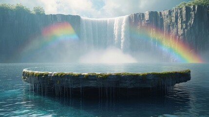 Wooden platform in the midst of waterfall with rainbow