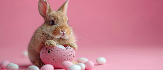 A curious rabbit emerging from a broken Easter egg on a smooth pink surface, representing fertility and rebirth