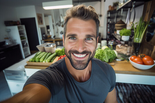 AI generated image of handsome man cooking and eating healthy organic vegetarian food