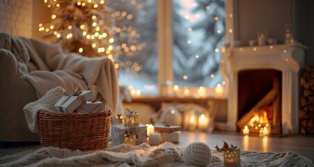 Fototapeta na wymiar A cozy living room with white furniture and soft lighting from candles and Christmas lights in the background