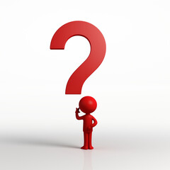 A simple 3D character stands in a thoughtful pose next to a big red question mark, on a white background. Questions, doubts, tasks, hesitations