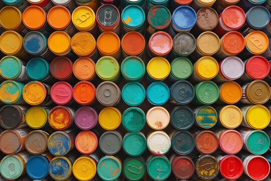 Array Of Colorful Paint Cans Viewed From Above In An Art Supply Store