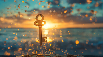 An antique key stands against a sunset over the ocean, surrounded by sparkling water droplets, evoking a sense of unlocking mysteries. - obrazy, fototapety, plakaty