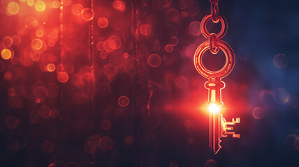 An ethereal glowing key suspended in a mystical atmosphere, surrounded by blurred lights and bokeh effects.