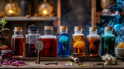 An assortment of colorful potion bottles emits smoke on a mystical alchemist's table with ambient lighting. - obrazy, fototapety, plakaty