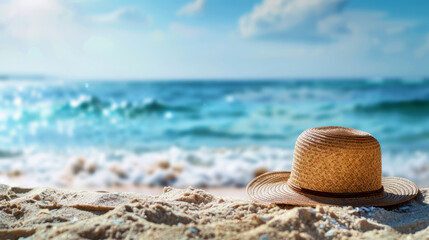 Straw hat resting on a sandy beach with a blurred ocean backdrop and sun flare