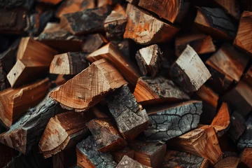 Stoff pro Meter Close-up of chopped firewood pile with intricate textures and patterns highlighted by dramatic lighting © thanakrit