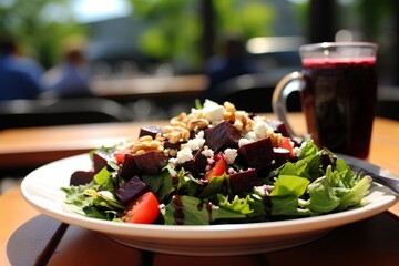 Roasted beet salad with goat cheese, walnuts, balsamic vinaigrette a refreshing summer dish - obrazy, fototapety, plakaty