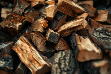 Tuinposter Close-up of chopped firewood pile with intricate textures and patterns highlighted by dramatic lighting © thanakrit
