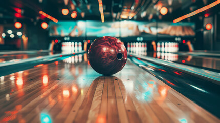 Bowling ball rolling down the alley approaching the pins with dynamic lighting - obrazy, fototapety, plakaty