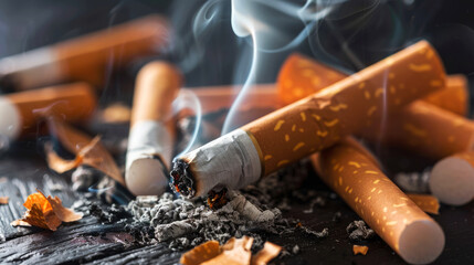Close-up image of extinguished cigarettes and ash creating a stark warning against smoking hazards - obrazy, fototapety, plakaty