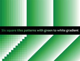 Green to white gradient in square tiles, seamless vector pattern, monochromatic, collection of six