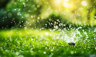 Sprinkler watering lush green grass with sparkling water droplets in sunlit garden - Powered by Adobe
