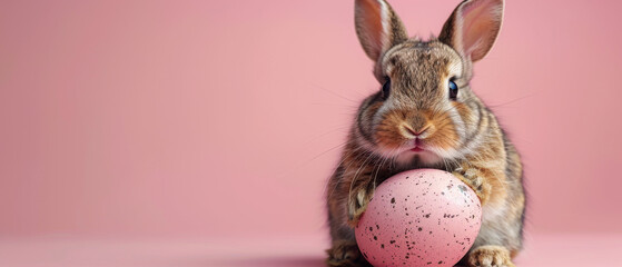 The image beautifully captures a brown rabbit with large eyes holding onto a single speckled pink Easter egg against a pink background - Powered by Adobe