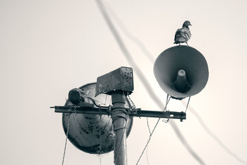 A megaphone loudspeaker placed on the pole to spread message.