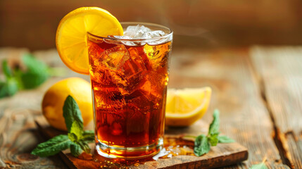 Iced tea with lemon and mint in a glass against a rustic background with warm tones