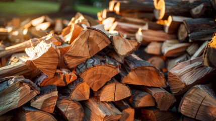 Stack of firewood bathed in golden sunlight, signifying preparation for winter and natural resources
