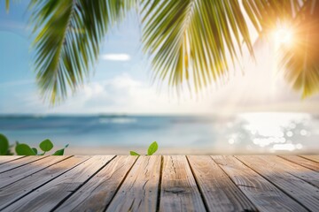 Wood Background Summer. Top View of Wooden Table with Seascape and Palm Leaves in Tropical Beach...