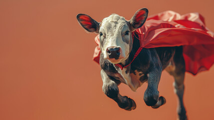 A black and white cow heroically flies with a red cape against a monochromatic red background - obrazy, fototapety, plakaty