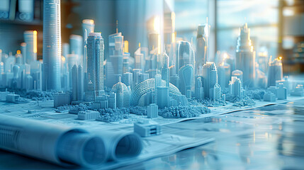 A miniature cityscape model on a desk, including buildings, roads, and greenery