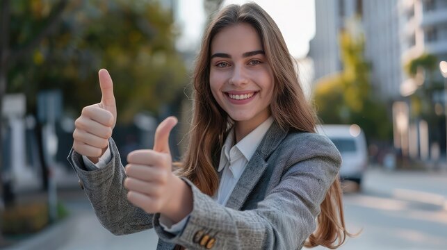 Portrait of a smiling young businesswoman showing thumbs up on the street