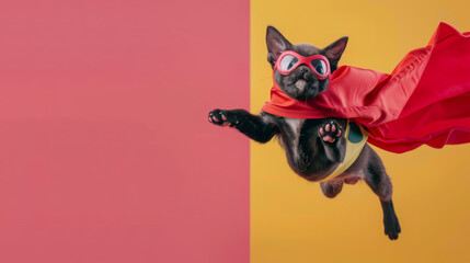 An endearing image of a kitten in a heroic costume and mask making a daring leap juxtaposed on yellow - obrazy, fototapety, plakaty