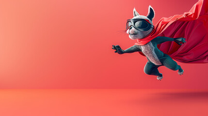 An amusing cat wearing a superhero costume with goggles and a red cape throwing a punch on a red gradient